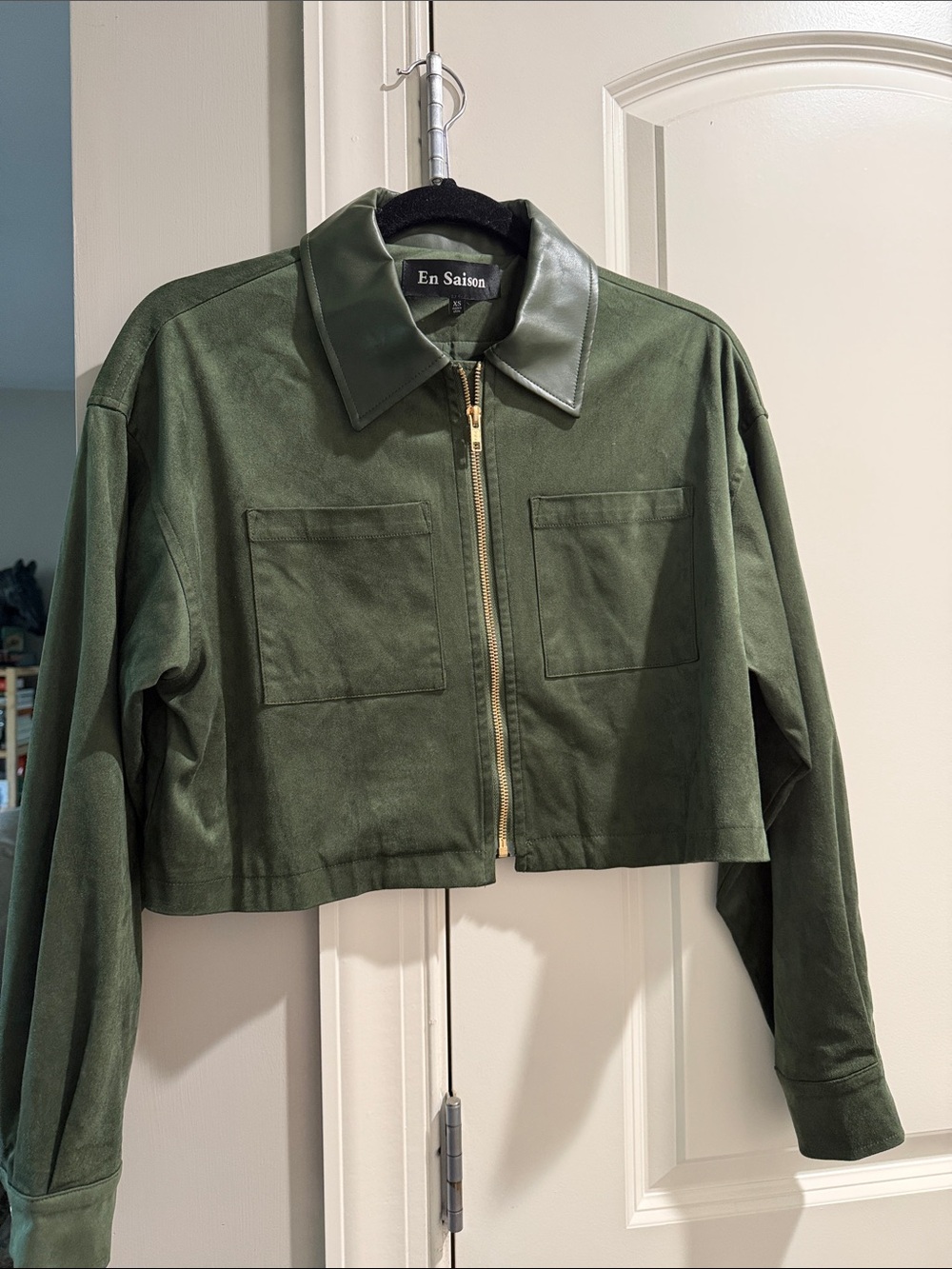 En Saison Olive Green Cropped Zip Jacket with Faux Leather Collar